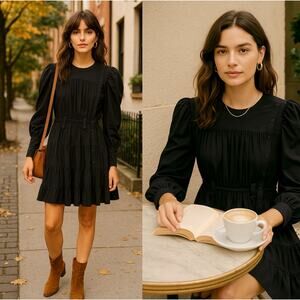Ulla Johnson 4 Pleated Puff Shoulder Mini Dress $490 Fit&Flare Long Sleeve Black